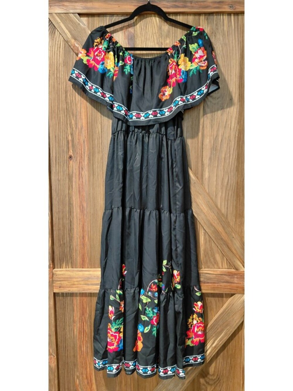 SHEIN Womenβs L Black Floral Maxi Dress Off Shoulder Tiered Boho Peasant